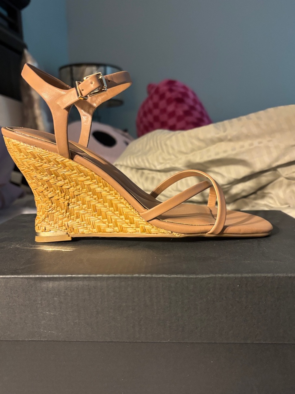 Kenneth Cole Beige Woven Wedge Sandals with Ankle Strap